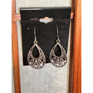 Vintage Silver Teardrop Dangle Earrings with Rhinestones - Approx 1.5 inches